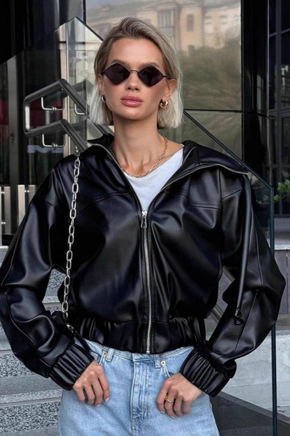 PU Leather Hooded Casual Jacket