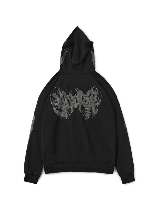 Rhinestone Hooded Loose Zipper Cardigan Hoodie