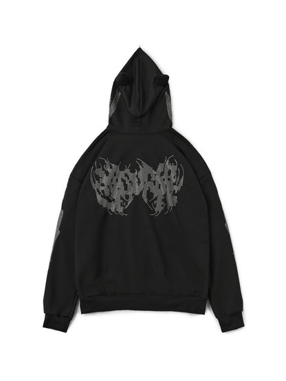 Rhinestone Hooded Loose Zipper Cardigan Hoodie