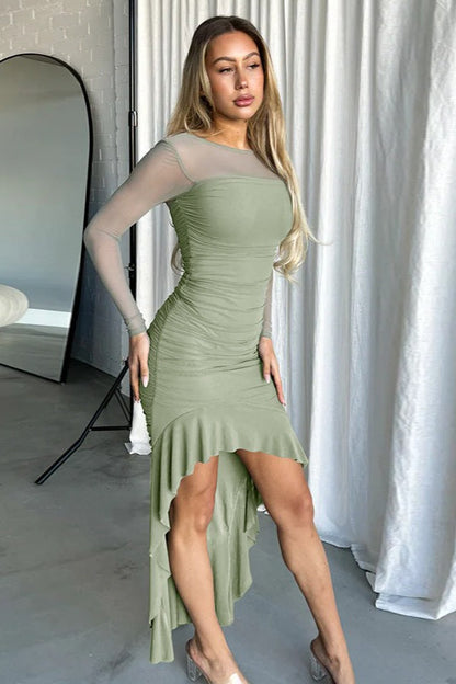 Crew Neck Mesh Long Sleeve Ruched Asymmetric Ruffle Hem Midi Dress
