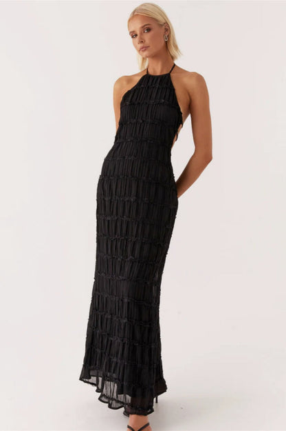 | Backless Ruched Pleated Maxi Dress