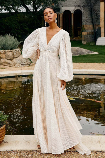 | Jacquard Ruched Puff Sleeve Backless Maxi Dress