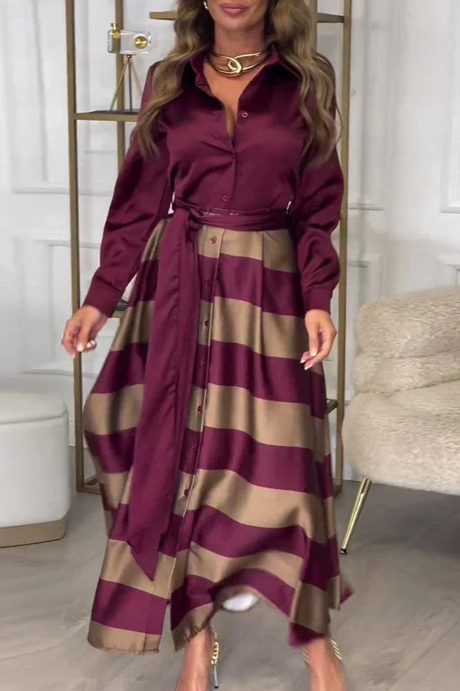 Collared Long Sleeve Button Down Tie Waist Striped Maxi Dress