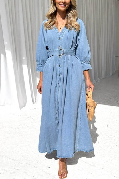 Belted Puff Sleeve Button-Front Denim Maxi Dress