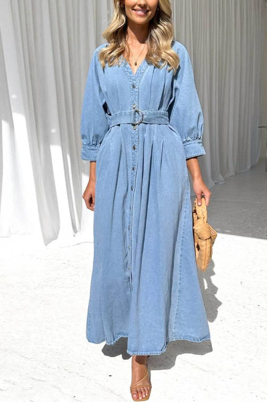 Belted Puff Sleeve Button-Front Denim Maxi Dress