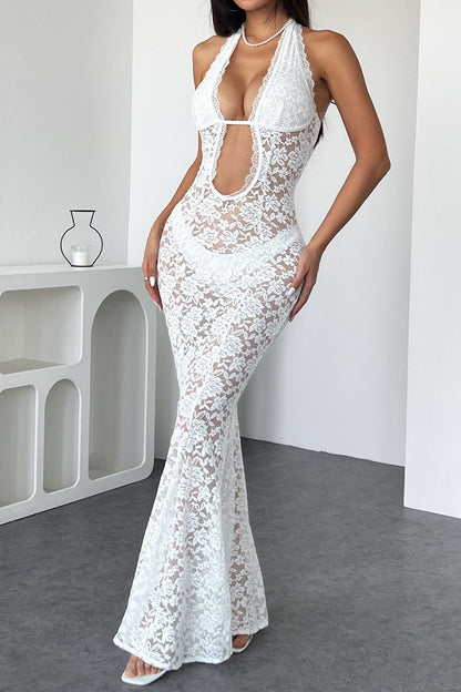 Halter Neck Deep Plunge Torso Cutout Floral Lace Trumpet Maxi Gown