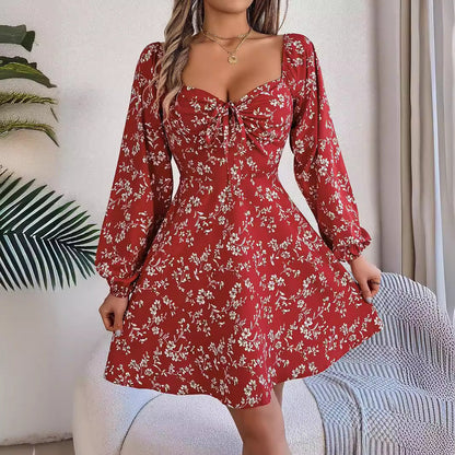 Ditsy Floral Print Sweetheart Tie-Front Balloon Sleeve A-Line Mini Dress