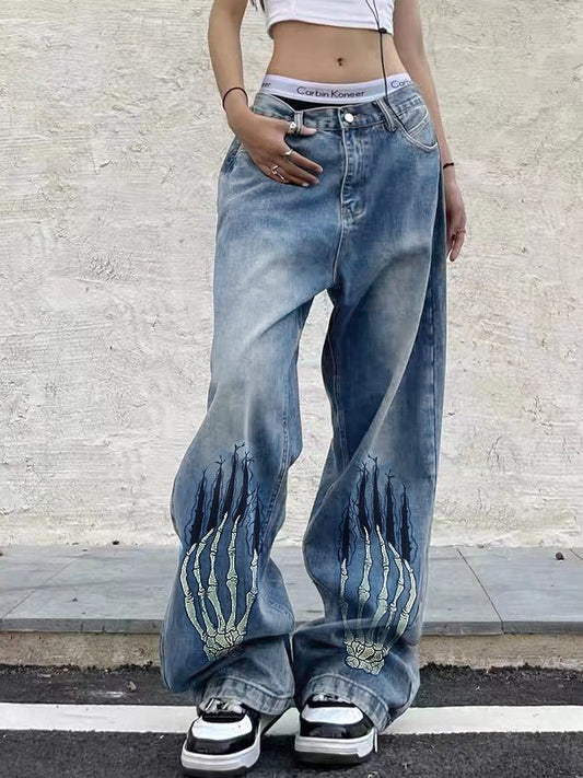 Street Skeleton Hand Print Boyfriend Jeans