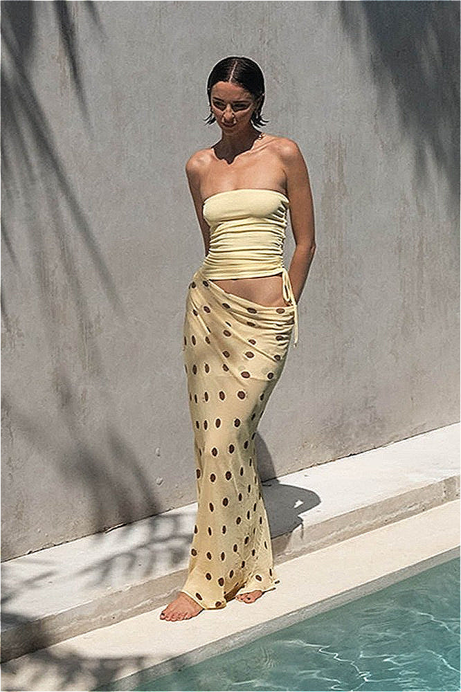 Ruched Strapless Tube Top Low-Rise Polka Dot Maxi Skirt Set