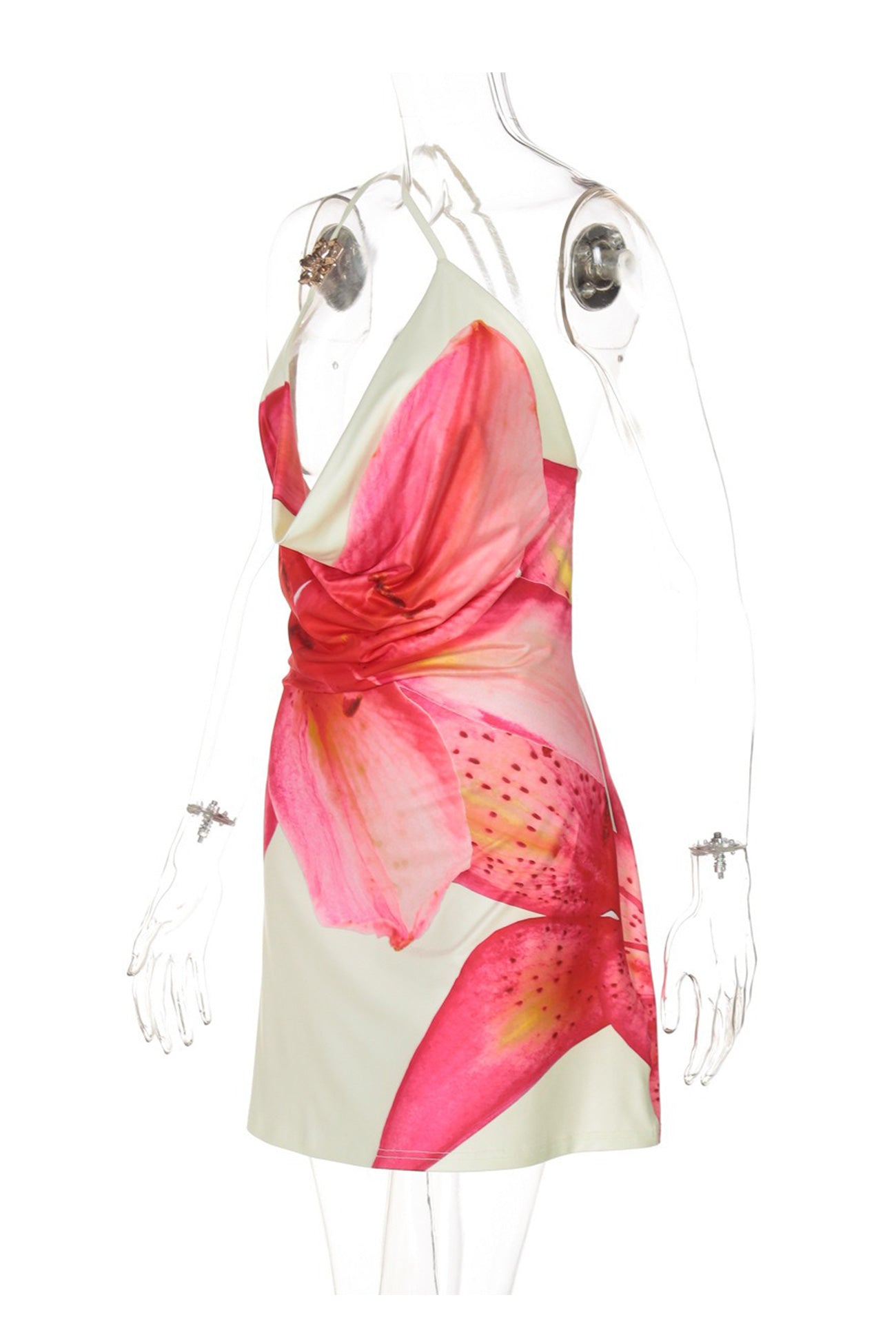 One Shoulder Teardrop Cutout Abstract Print Draped Mini Dress