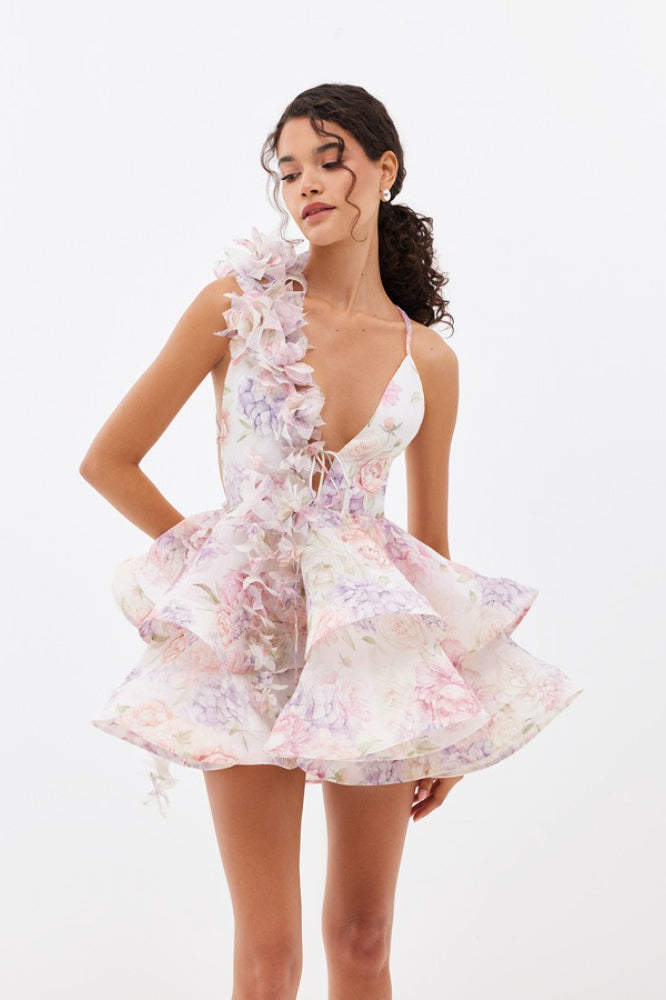 Floral Print Plunging V-Neck One-Shoulder Ruffle Tiered Mini Dress