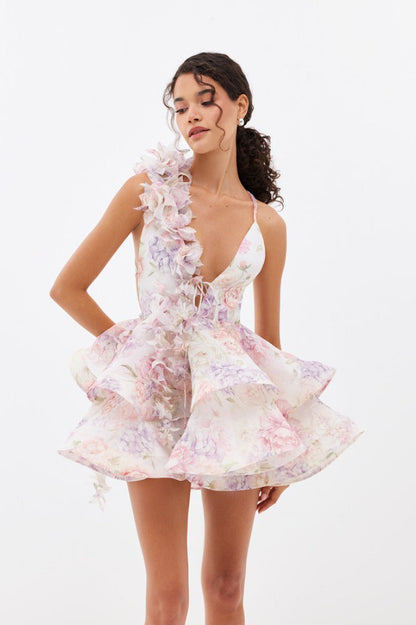 Floral Print Plunging V-Neck One-Shoulder Ruffle Tiered Mini Dress