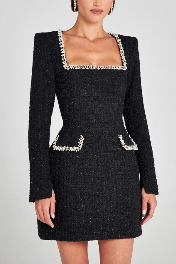 Tweed Square Neck Pearl Trim Long Sleeve Mini Dress
