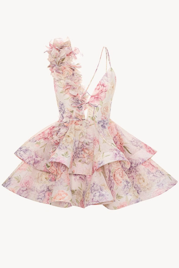 Floral Print Plunging V-Neck One-Shoulder Ruffle Tiered Mini Dress