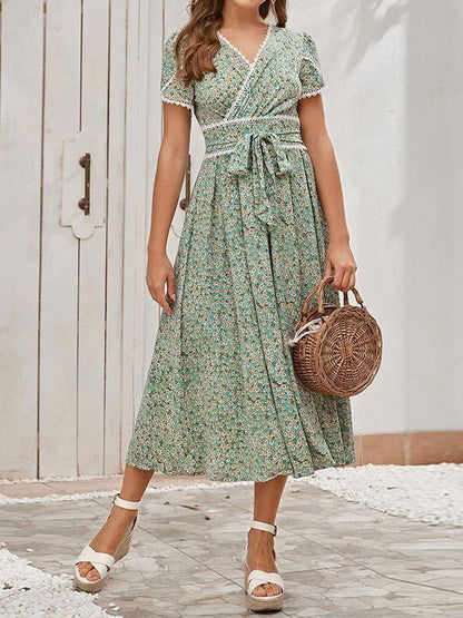 Printed Layered Casual V-Neck Short Sleeves Midi Dress