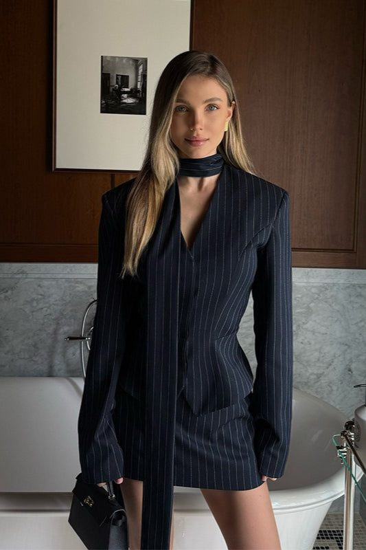 V Neck Striped Scarf Two Piece Blazer Skirt Set