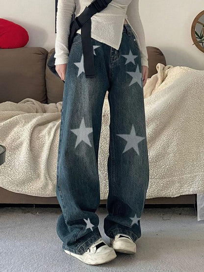 Washed Distressed Star Print Boyfriend Jeans
