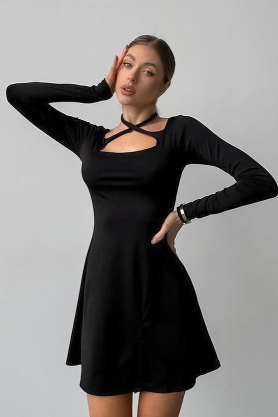 Criss Cross Halter Cutout Long Sleeve Skater Mini Dress