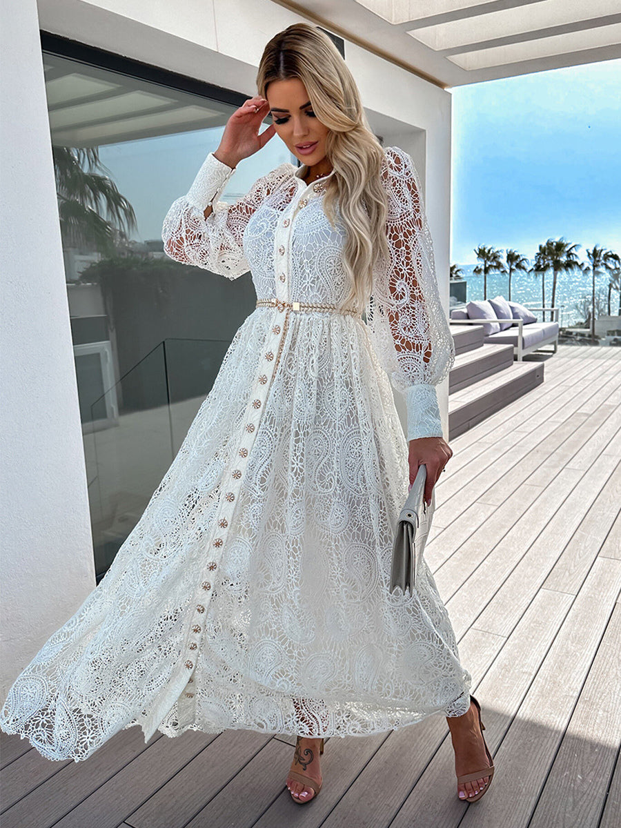Shirt Dresses Buttons Belted Lantern Sleeves Lace Elgant Maxi Dress