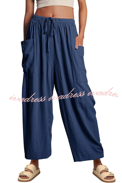 Diani Linen Blend Drawstring Waist Pocketed Loose Pants