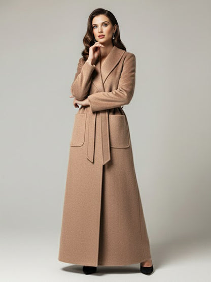 Belted Woolen Full-Length Maxi Coat With Wide Shawl Collar For Women 2026