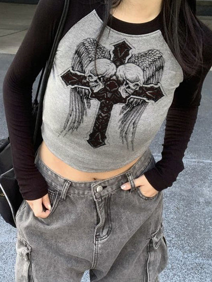 Skull Cross Print Raglan Long Sleeve Knit
