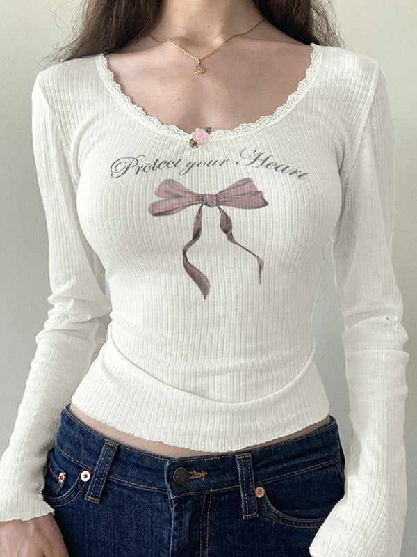Bow Print Lace Trim Long Sleeve Knit