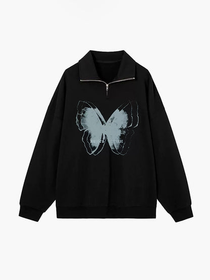 Butterfly Print Half Zipper Lapel Neck Sweatshirt
