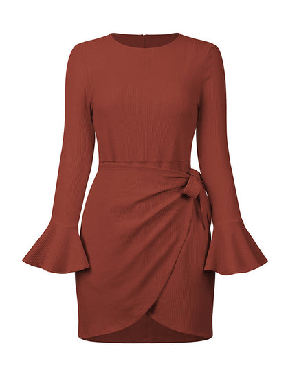 Simple Long Sleeves Skinny Tied Falbala Solid Color Round-Neck Mini Dresses