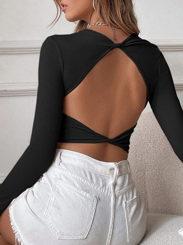 Solid Cutout Backless Twist Back Long Sleeve Knit
