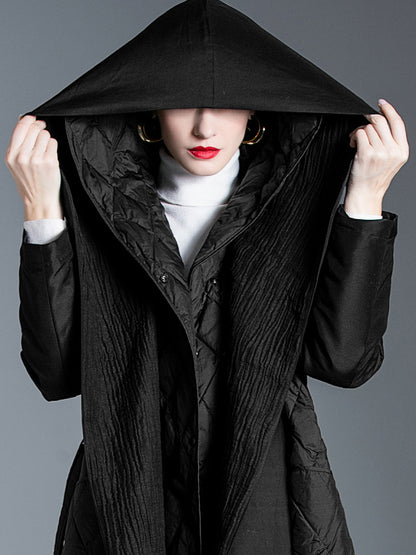 Black Down Coat Hooded Belted Long Winter Outerwear For Women