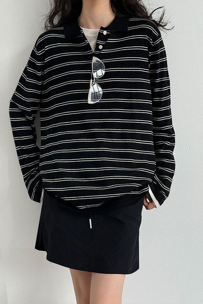 Soft Wool Striped Polo Collar Long Sleeve Long Sleeve Tee