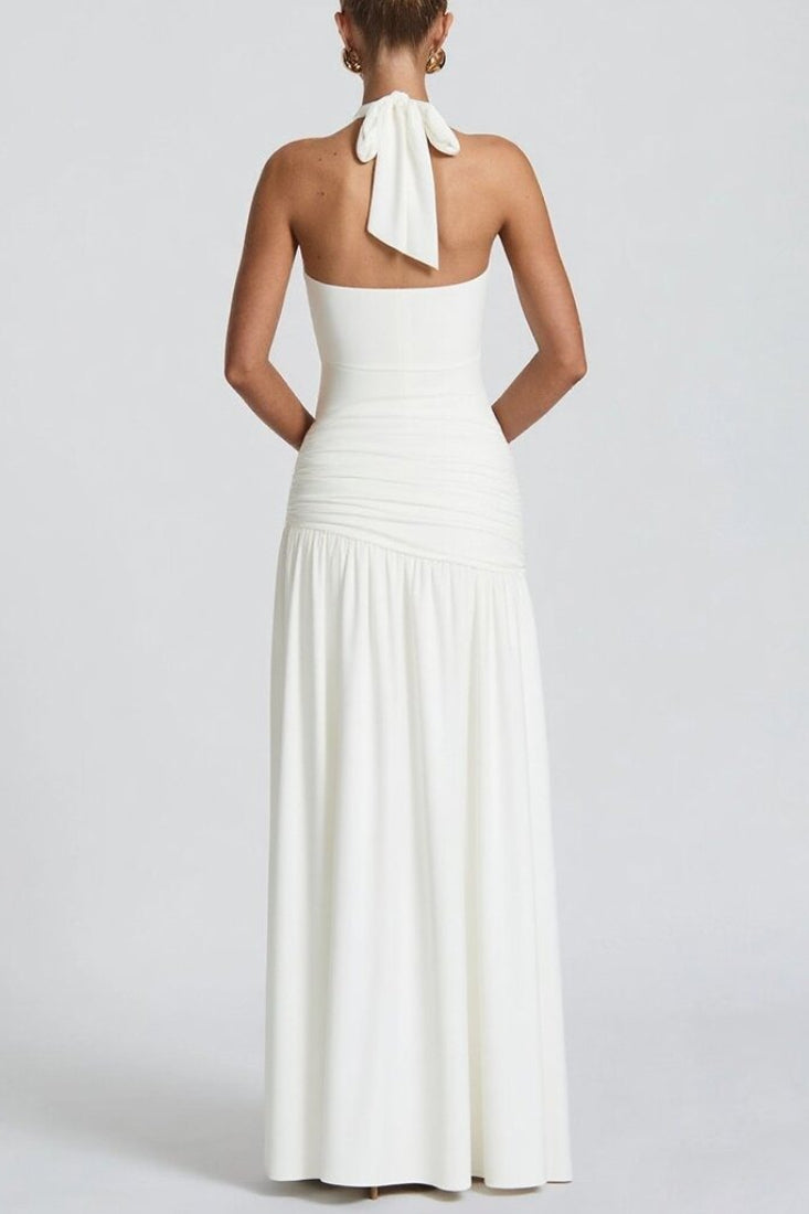 Halter Plunging Neckline Ruched Hip Seashell Brooch High Slit Maxi Dress