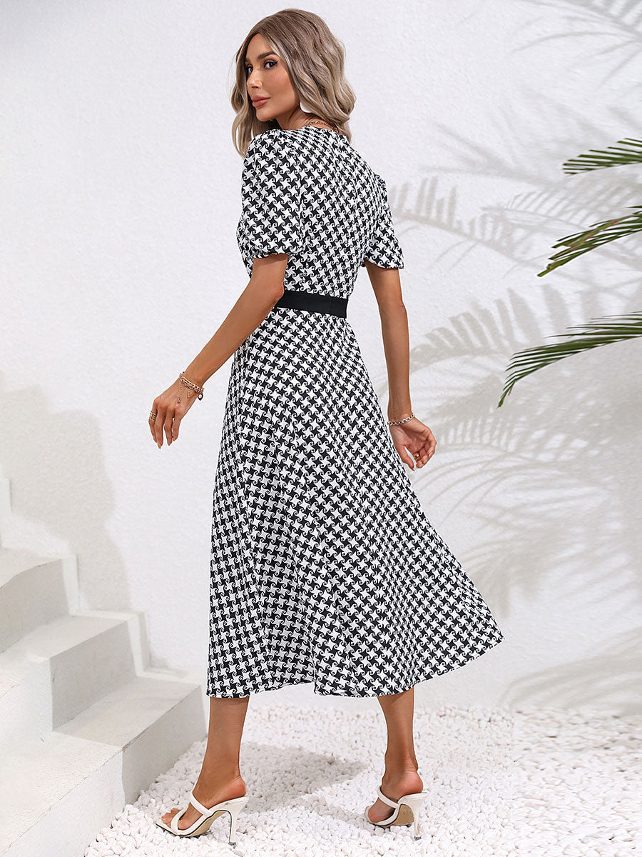 Summer Midi Dress Black V-Neck Split Front Geometric Beach Dress