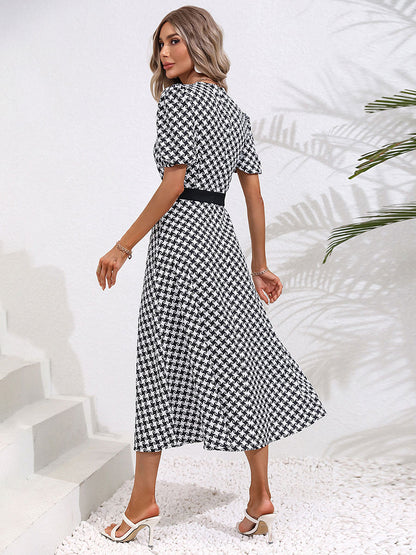 Summer Midi Dress Black V-Neck Split Front Geometric Beach Dress