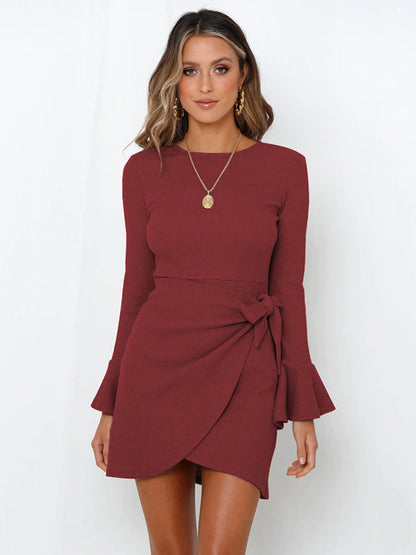 Simple Long Sleeves Skinny Tied Falbala Solid Color Round-Neck Mini Dresses