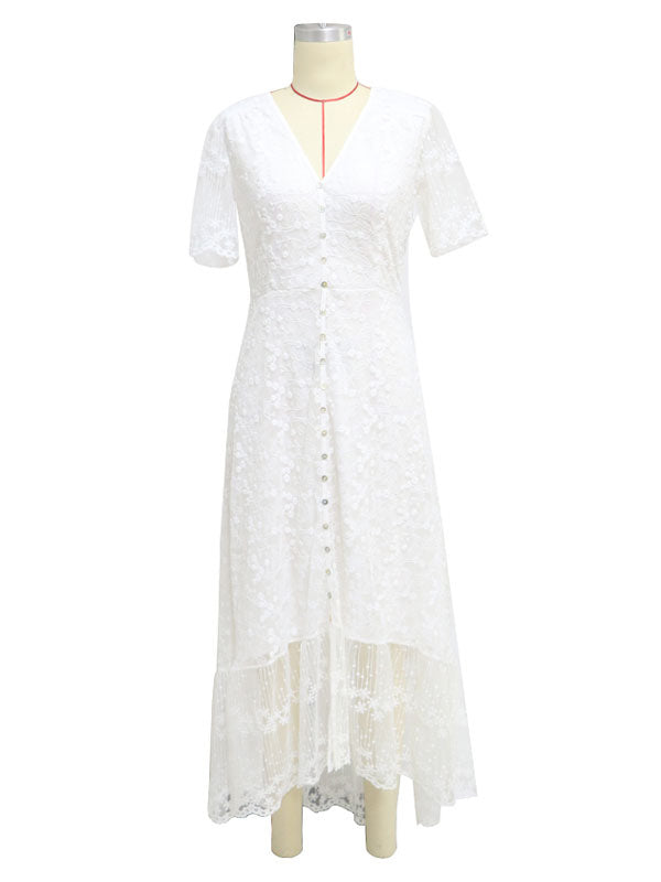 Maxi Dress V Neck Short Sleeves Lace Casual White Boho Dresses