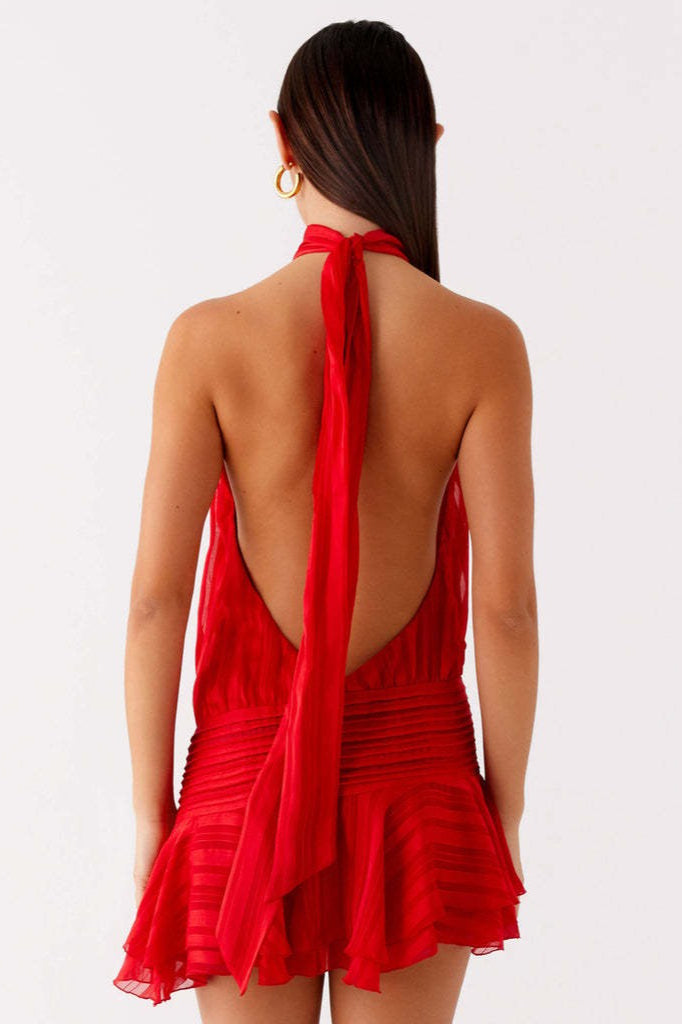 High Neck Halter Smocked Drop Waist Tiered Ruffle Mini Dress