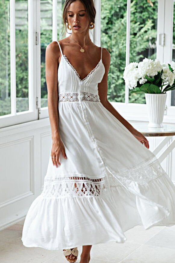 Scalloped Lace Trim Button Front Crochet Inset Tiered Maxi Dress