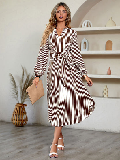 Midi Dress Blue V-Neck Stripe Print Long Sleeves Fall Dress For Women