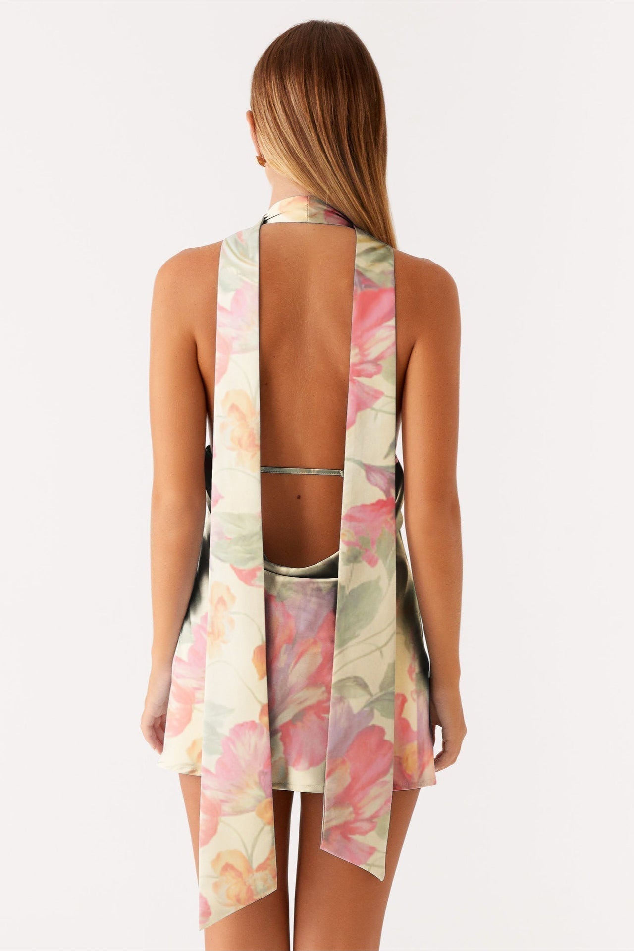 Watercolor Floral Print Halter Scarf-Neck Cutout Mini Dress