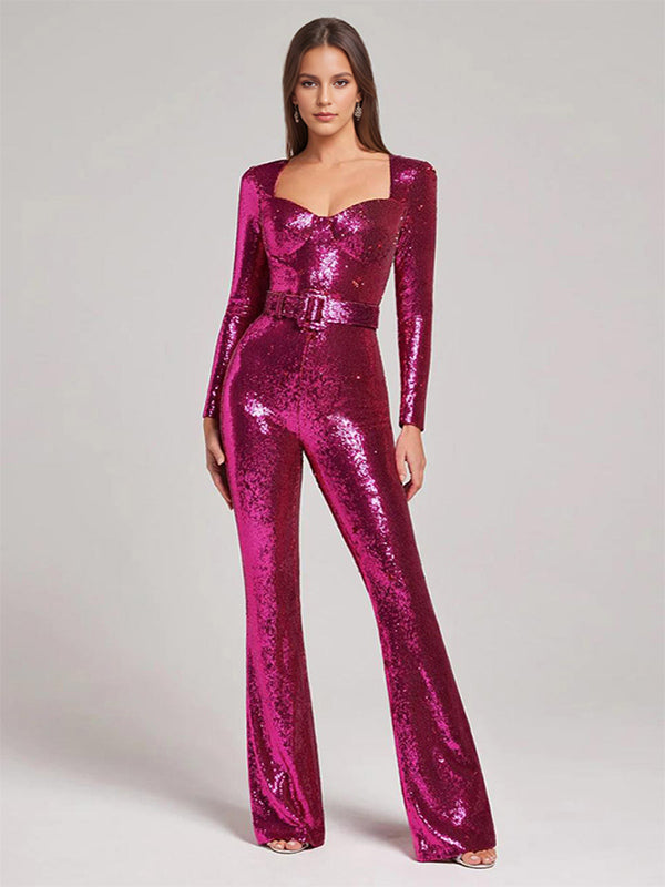 Sequins Jumpsuit Sweetheart Neck Long Sleeves Belted Sexy Playsuit