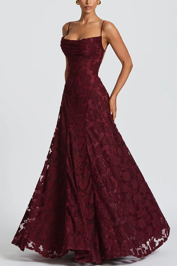 Francis Custom Floral Burnout Fabric Cowl Neck Back Lace-up Maxi Dress