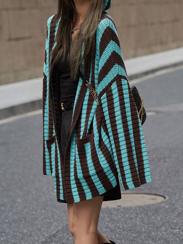 Knit Contrast Color Stripe Hooded Cardigan