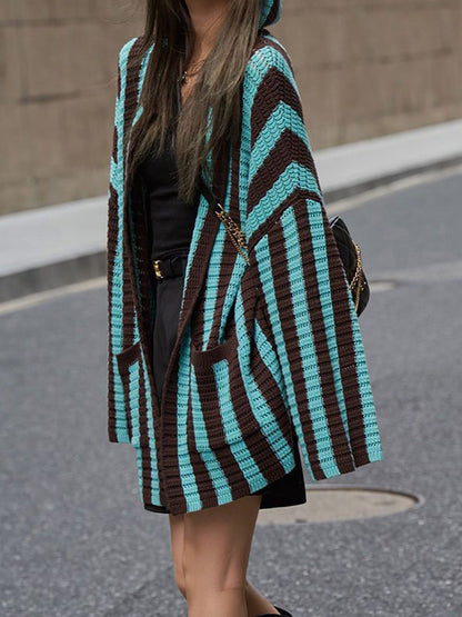 Knit Contrast Color Stripe Hooded Cardigan