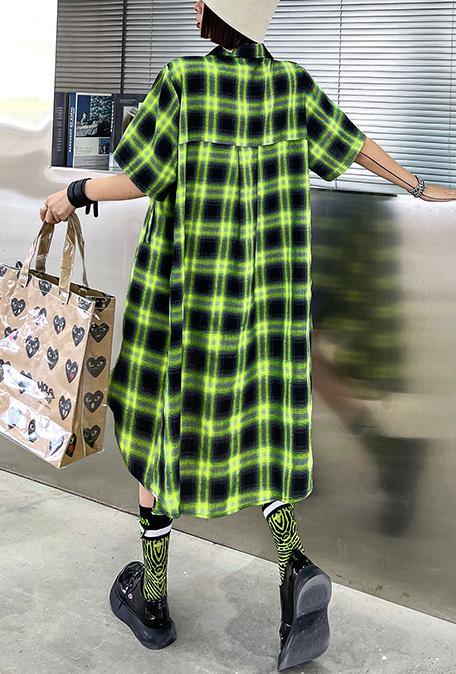 Elegant Green Plaid Cotton Buttonlow high design Summer Maxi Dresses