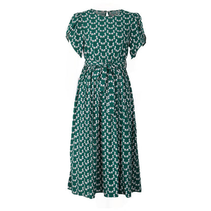 Floral Midi Dress Stretch Sash Jewel Neck Short Sleeves Bohemian