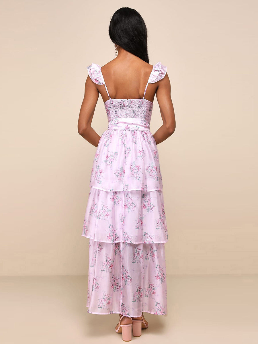 Floral Dress Layered Ruffles Backless High Slit Brunch Party Midi Dresses