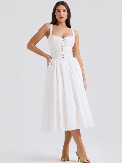 White Corset Dress Cutout Wide Strap Lace Trim Backless Party Midi Dresses