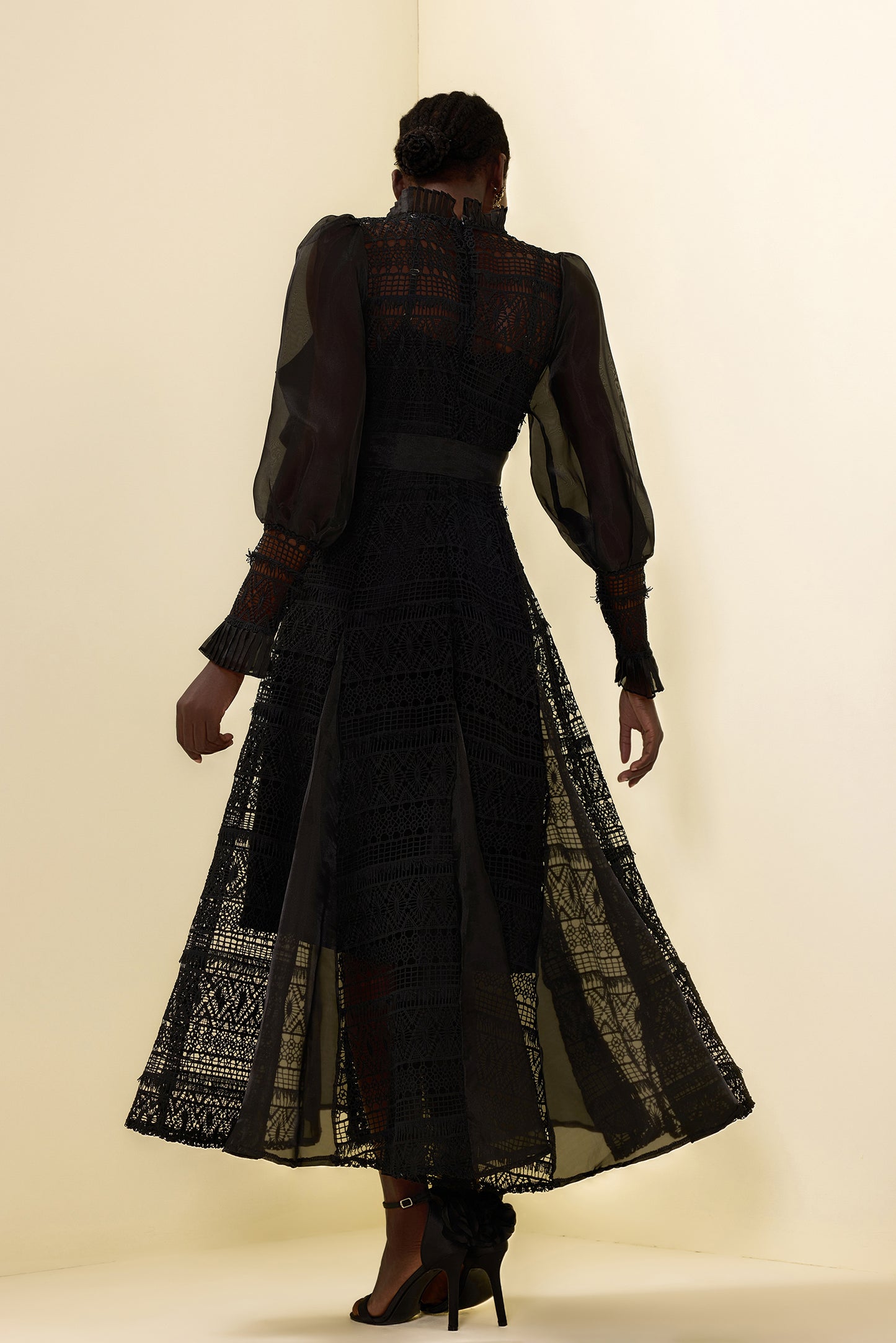 3D Flower Lace Puff Sleeve Midi Dress Black